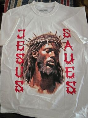 Jesus Saves White Short-Sleeve Graphic Tee with Red Lettering Size Large New.